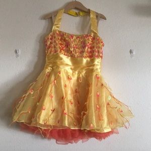 Yellow costume with pink/orange feathers